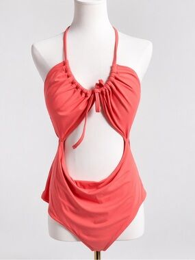 NWOT Aerie Coral Cutout One Piece Swimsuit XXL Ruched Halter